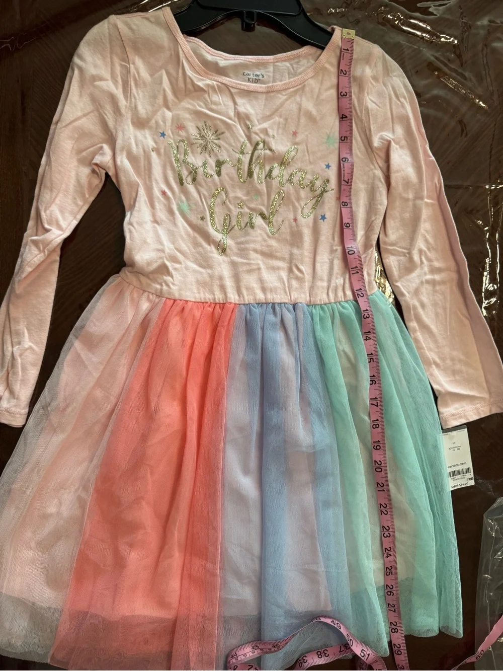 Carter's NWT Pink Long-Sleeve 'Birthday Girl' Rainbow Tulle Dress Sz 10/10A